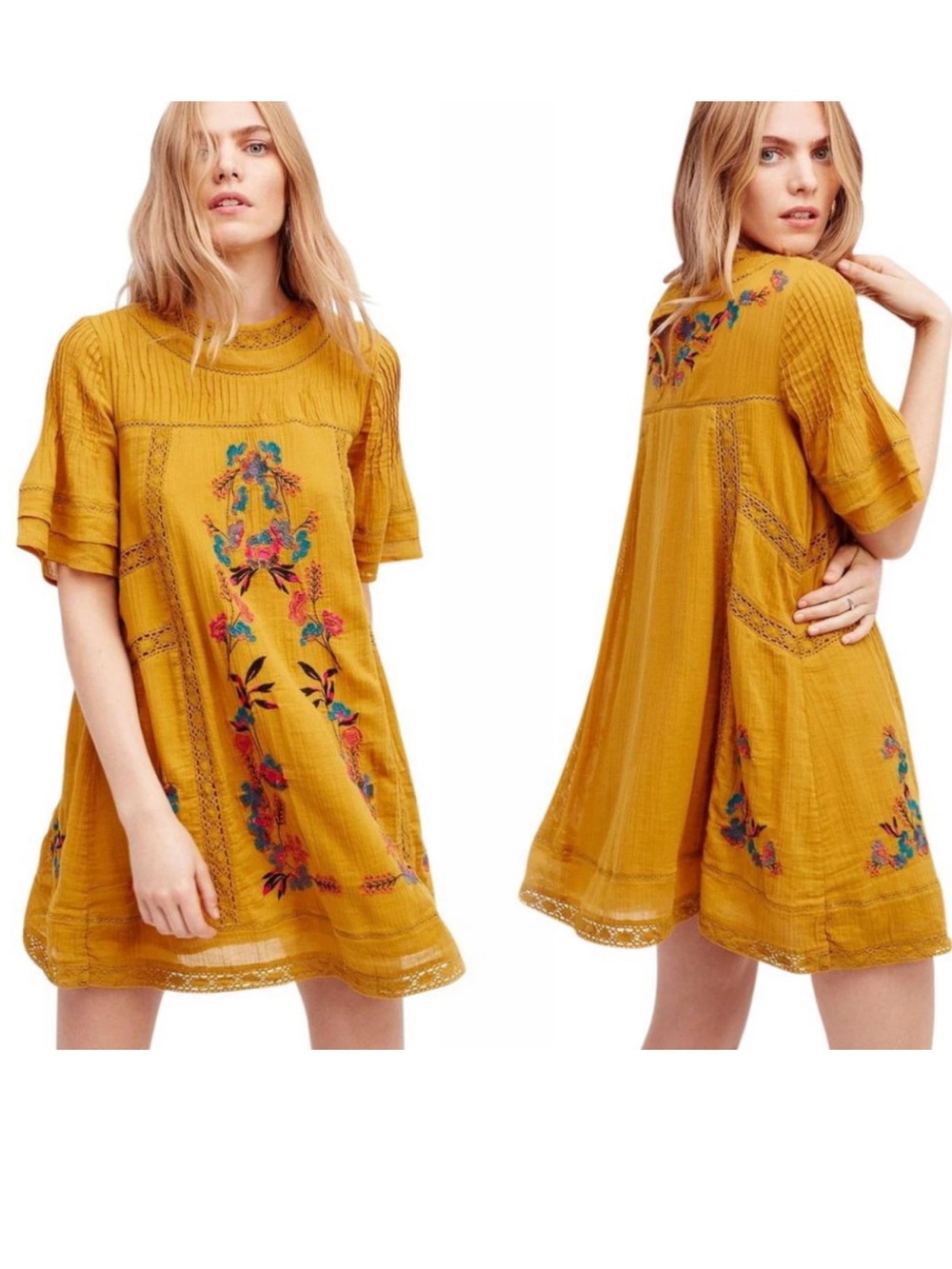 Free People Perfectly Victorian Mini Shift Dress Medium Mustard Boho Arts MEDIUM